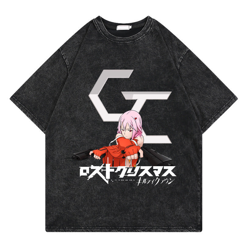 Washed retro T-shirt cartoon print casual cotton summer short sleeves