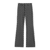 Women Sweatpants Vintage Chessboard Plaid Pants Autumn Knit Casual Sweatpants Bell-Bottom Pants