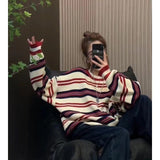 Women Knitted Pullover round Neck Contrast Color Striped Sweater Autumn Winter Sweater Top