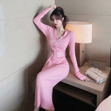 Women Maxi Dress Autumn V-neck Button Slim Fit Hip-Wrapped Sweater Dress