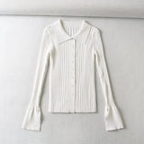 Women Sweater Knitwear Lapel Single Breasted Split Flare Sleeve Knitwear