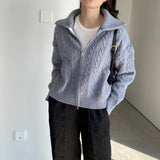 Women Cardigan Sweater Autumn Sweater Cardigan Zipper Turn-down Collar Coat Q625