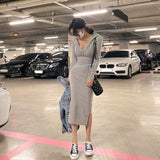 Women Dresses Long Skirt Sheath Dress V-neck Sweatshirt Skirt