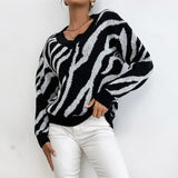Women Knitted Sweater Autumn Pullover V-neck Black Zebra Print Sweater