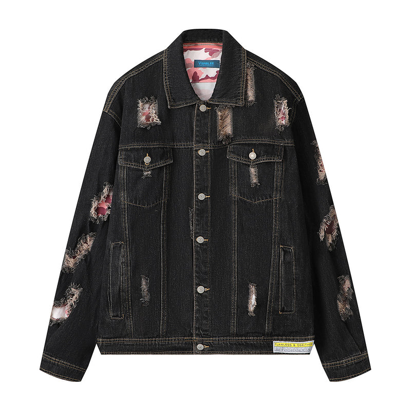 Men Jacket Coat Men's Loose Hole Denim Camouflage Coat