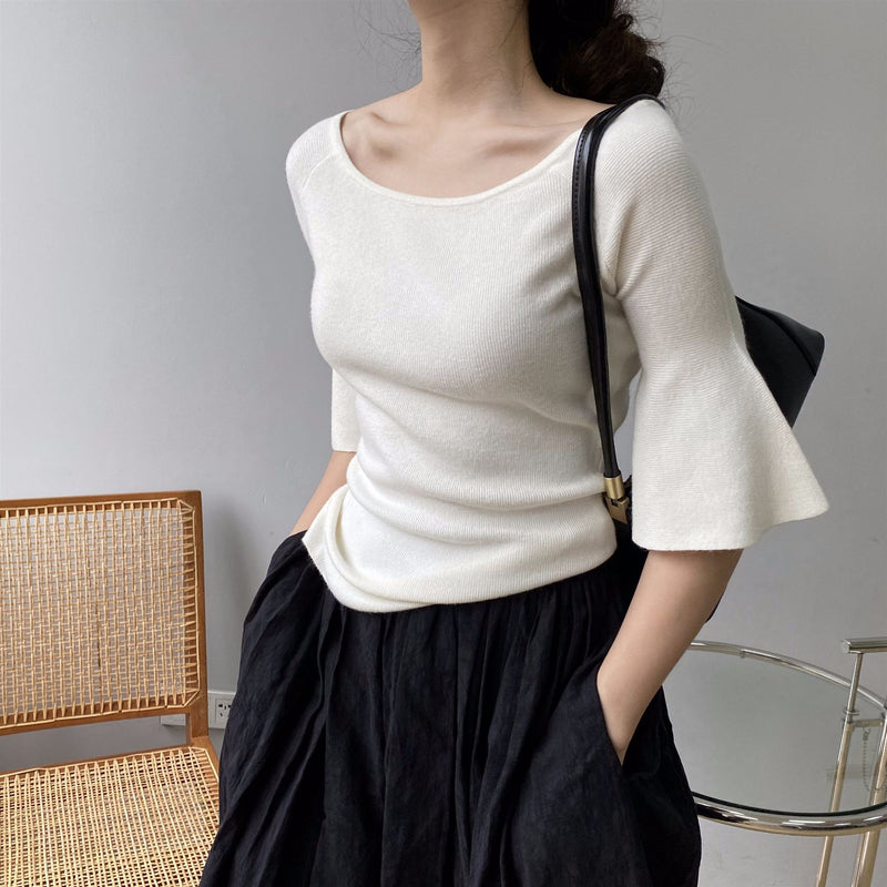 Women Knitted T-shirt Bell Sleeve Solid Color T-shirt Summer round Neck Top