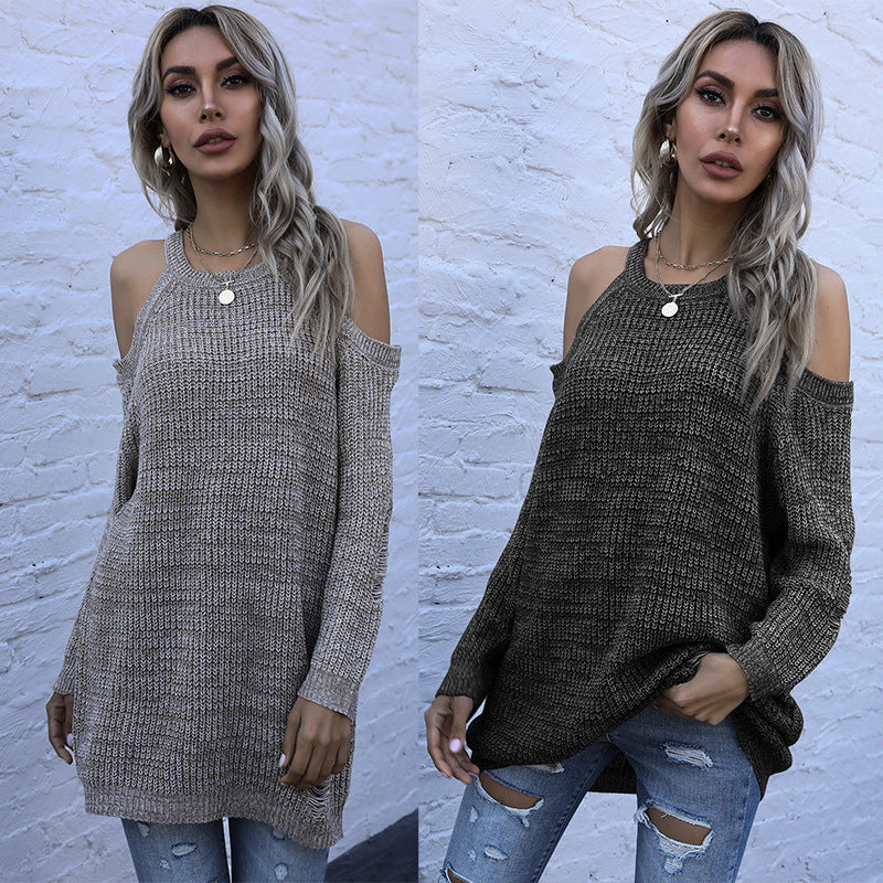 Women Knitted Sweater Fall Slim Fit Solid Color round Neck Knitted Bottoming Shirt off-the-Shoulder Sweater
