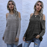 Women Knitted Sweater Fall Slim Fit Solid Color round Neck Knitted Bottoming Shirt off-the-Shoulder Sweater