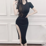 Women Dresses Split round-Neck Dress Sexy Hip Skirt