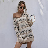 Women Knitted Sweater Fall V-neck Long Sleeve Letter off-Shoulder Knitted Sweater Dress