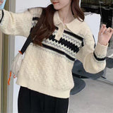 Women Knitwear Autumn and Winter Polo Collar Striped Sweater Vintage Sweater