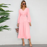 Women Date Dress Autumn and Winter V-neck Bubble Long Sleeve Dress