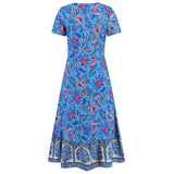 Women Date Dress Floral Dress Short Sleeve V-neck Bohemian A- line Skirt