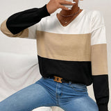 Women Knitted Sweater Autumn and Winter Leisure V-neck Top Color Matching Long Sleeve Sweater