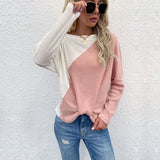 Women Knitted Sweater Fall Pullover Multicolor Thin & Pink