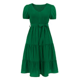 Women Date Dress V-neck Pleated Lace-up Dress