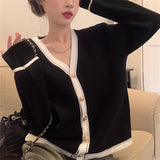 Women Knitwear Autumn Winter Retro Contrast Color V-neck Sweater Loose Knitted Cardigan