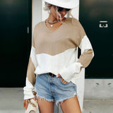 Women Knitted Sweater Long Sleeve V-neck Color-Block Sweater Autumn Top