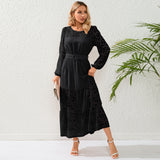 Women Date Dress Autumn Winter Sexy Long Sleeve round Neck Lace Long Dress Dress