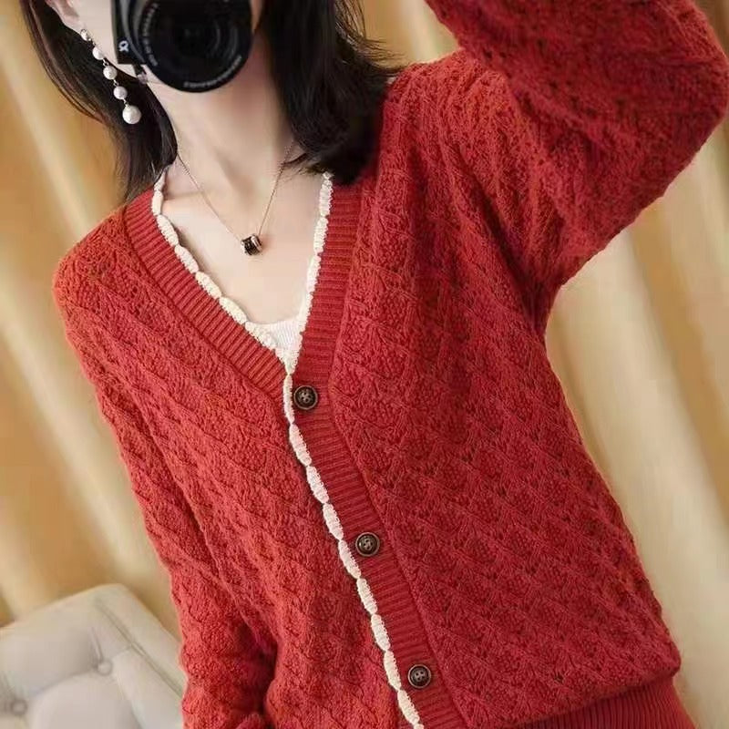 Women Knitwear Spring and Autumn Hollow Knitted Cardigan Loose Casual V-neck