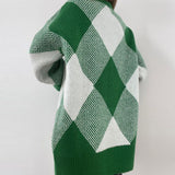 Ladies Leisure Knitwear Half Turtleneck Pullover Sweater Loose Green Diamond Lattice Sweater