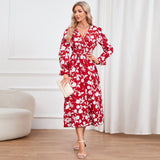 Women Date Dress Floral Dress Autumn and Winter V-neck A- line Skirt