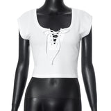 Women T-shirt Summer Square Collar Bare Midriff Slim Fit T-shirt Top