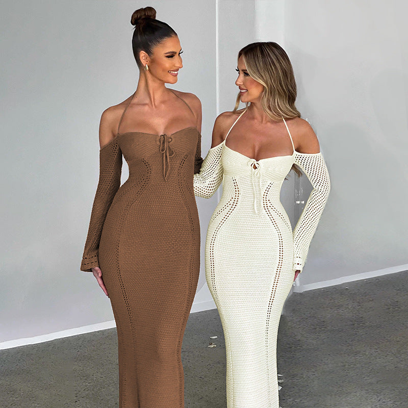 Women Dresses Spring Sexy Backless Lace up Slim Fit Hollow out Long Sleeve Dress
