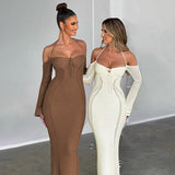 Women Dresses Spring Sexy Backless Lace up Slim Fit Hollow out Long Sleeve Dress