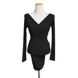 Women Dresses Blue V-neck Dress Long Sleeve Hip Skirt Skirt