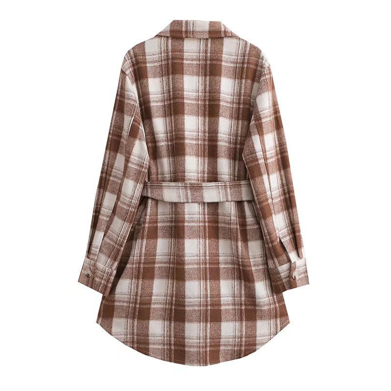 Women Woolen Coat Spring and Autumn Long Sleeve Plaid Printed Mid-Length Shirt Coat