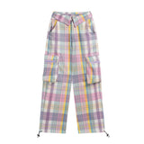 Women Pants Plaid Large Pocket Overalls Loose Wide Leg Casual Trousers