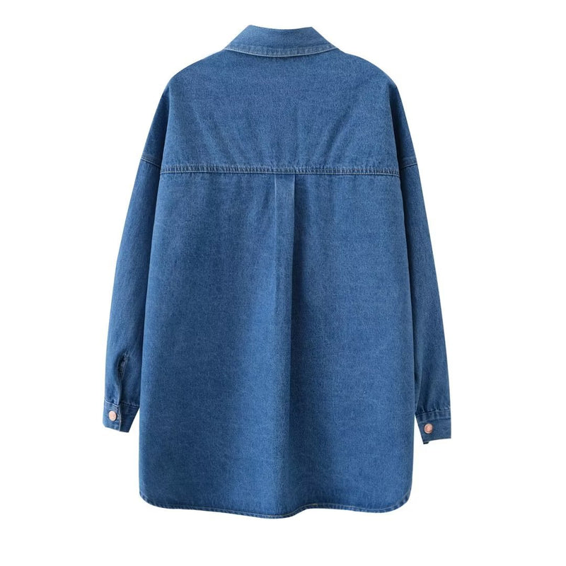 Women Jacket Retro Denim Shirt Jacket Spring and Autumn Lapel Loose Shirt