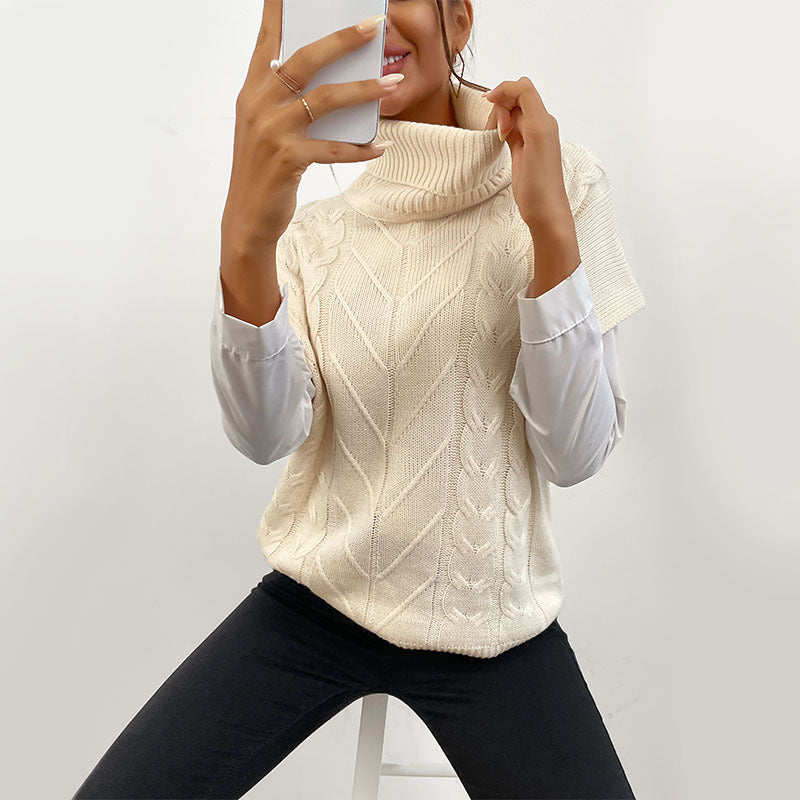Women Knitted Sweater Autumn Turtleneck Sweater with Short Sleeves