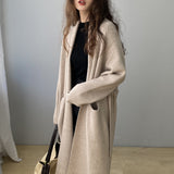 Women Cardigan Sweater Baggy Coat Lapel Cardigan Coat Mid-Length Sweater 8t7237