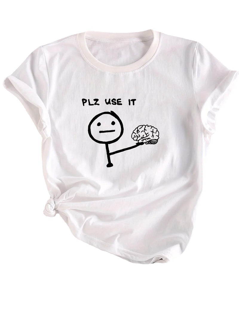 Letter & Stick Figure Print Crew Neck T-Shirt, Casual Short