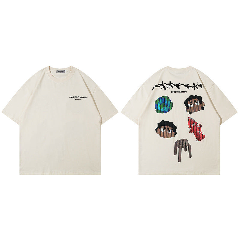 Men T Shirt Spring/Summer Hiphop Cartoon Puff Print Short Sleeve Men's and Women's Loose T-shirt