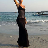 Women Dresse Mesh Camisole Long Skirt Sexy U Collar Hip Skirt