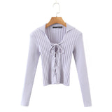 Women Sweater Knitwear Vintage Polo Lapel Lace-up Sweater Autumn Sexy Slim Long Sleeve Sweater