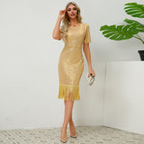 Women Date Dress round Neck Vintage Sequined Tassel Evening Dress