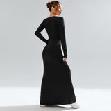 Women Dress Black Knitted Long Sleeve Narrow Long Dress with Square Collar