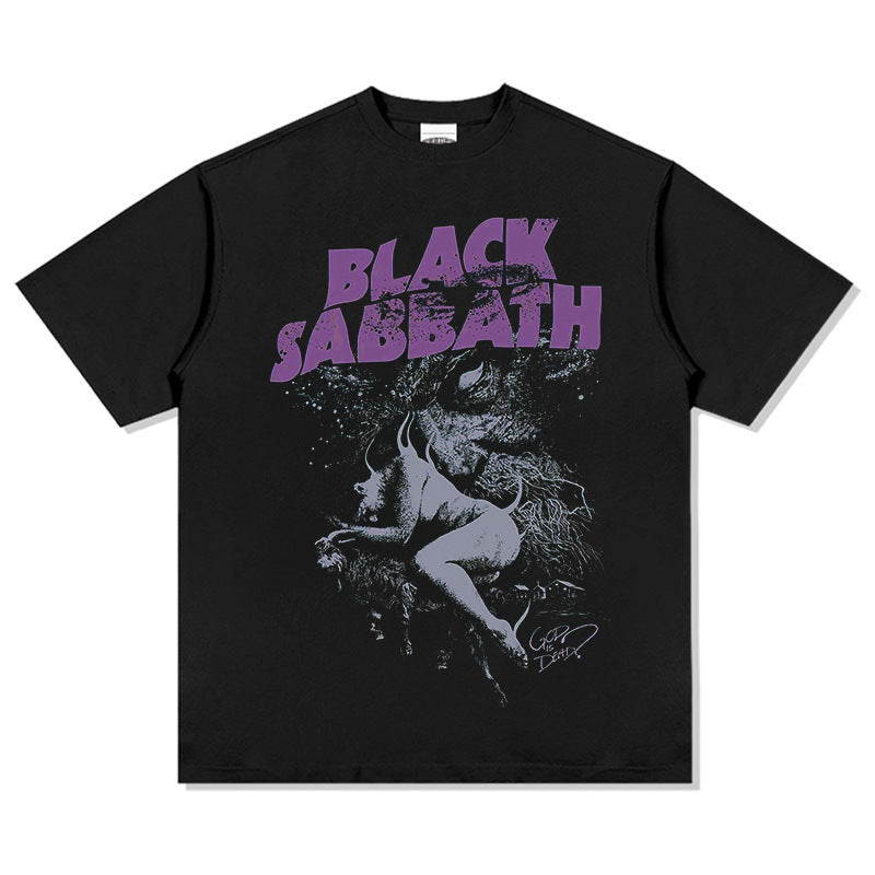 Mens Vintage Rock Band T-Shirt Washed Short Sleeve T-Shirt Crew Neck Band BLACK SABBATH Black Sabbath GOD ISDEAD