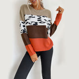Women Knitted Sweater Autumn and Winter Leisure Top Leopard Print Color Block Long Sleeves Outerwear Sweater
