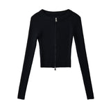 Women Tops Spring/Summer Double Zipper Knitted Cardigan Short Top