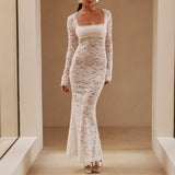 Women Dresse Square Collar Long Sleeve Lace Dress