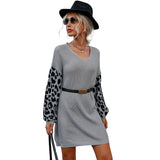 Women Knitted Sweater Leopard Print Stud for Autumn and Winter Woolen Skirt