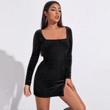 Women Dress Sexy Square-Neck Hip Skirt Velvet Long Sleeves Dress