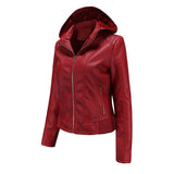 Red Leather Jacket Fall Winter Hooded Leather Women's Detachable Hat Long-Sleeve Zipper Fleece-Lined Wallet