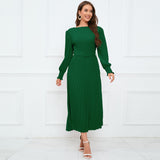 Women Date Dress Fall/Winter Slim Long Sleeve round Neck Pleated Long Dress
