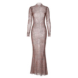 Women Dresses Winter Mesh Slim Fit round-Neck Long-Sleeved Dress